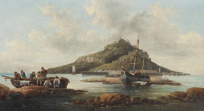 William Tomkins Coastal scene with islet and fishing folk oil painting picture
